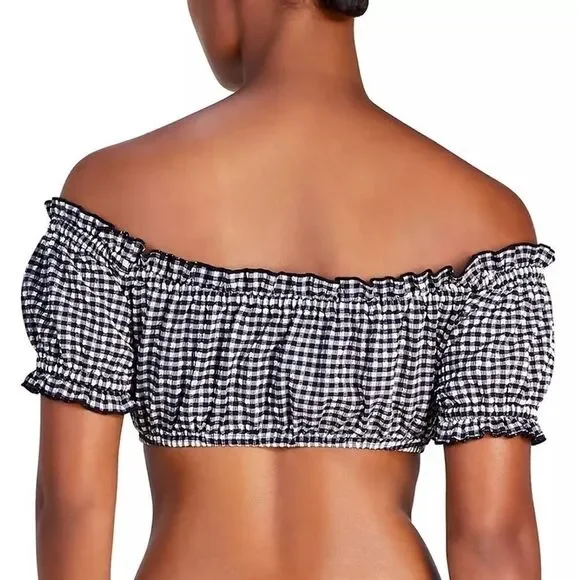 Kate Spade Black White Off-The-Shoulder Check-Print Bikini Top Size S swimsuit